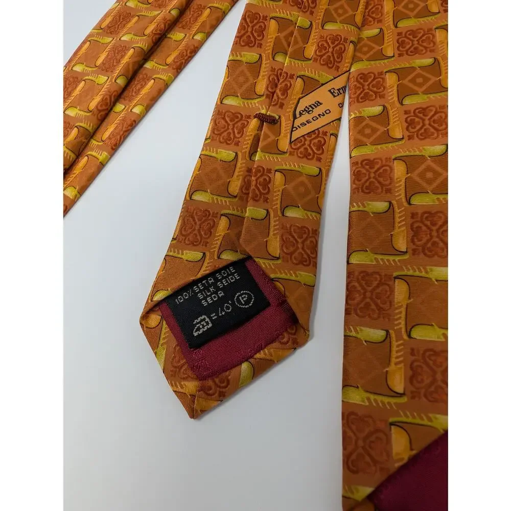 Ermenegildo Zegna Geometric‎ Pointed Neck Tie Golden Rust Adjustable 100% Silk